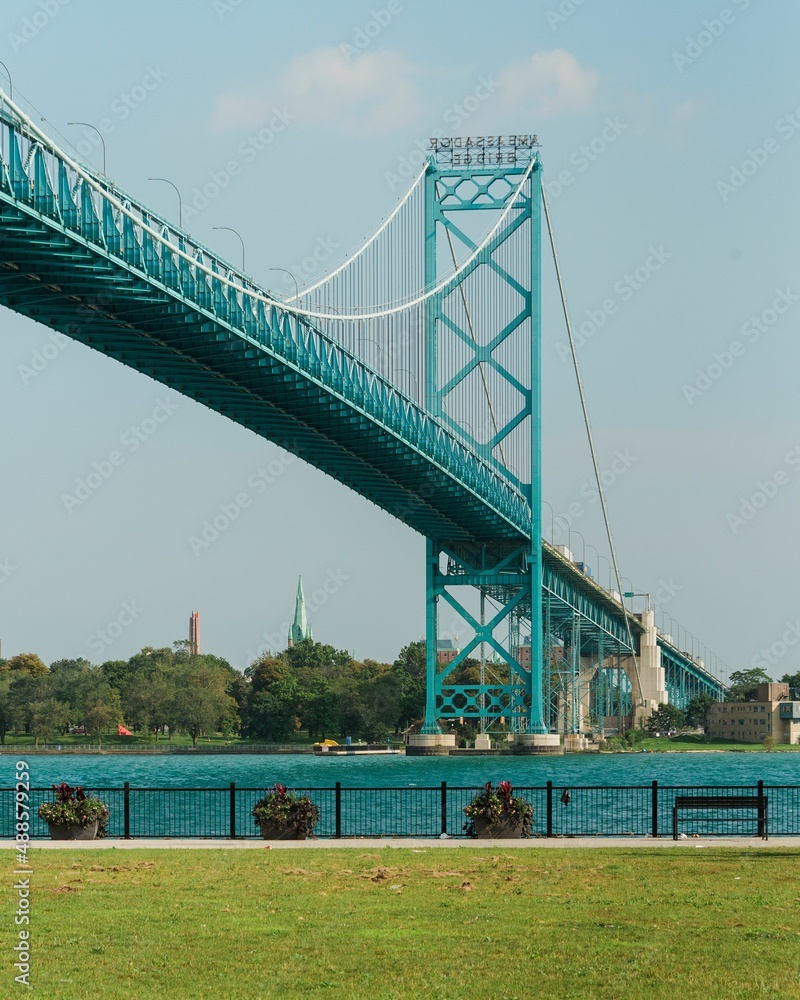 The Ambassador Bridge, seen from Riverside Park, in Detroit, Michigan