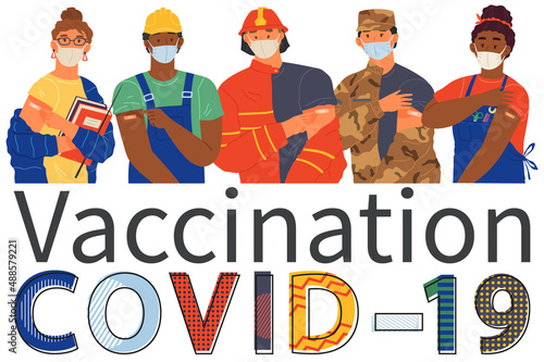 Stop coronavirus agitation concept. Vaccination promo, immunization of workers. Vaccine saves lives. People wearing protective mask showing their arm with bandage after receiving covid-19 vaccine