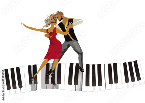 Abstract musical design with dancers, treble clef and musical waves, piano notes. Hand drawn vector illustration.