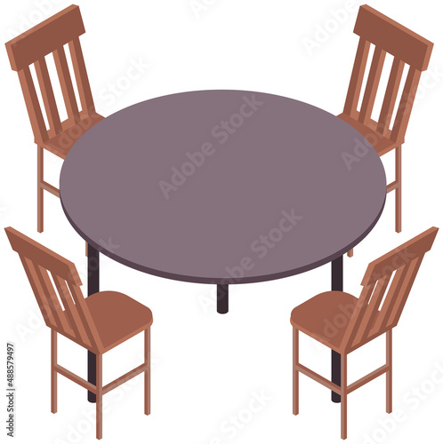 Round wooden table and four classic chairs. Kitchen or dining room furniture element for interior isolated on white background. Cosy apartment furnishings. Piece of furniture for cafeteria, restaurant