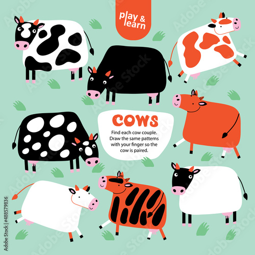 Find Cows Pair Picture Kid Game Printable Template.