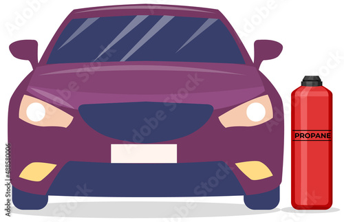 Transportation of gas cylinder, canister with fuel liquid. Balloon with flammable substance. Metal tank with liquefied compressed petroleum, propane. Pressurized gas for car