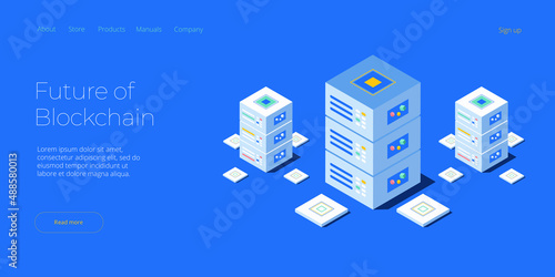 Hosting server isometric vector illustration. Abstract 3d datacenter or data center room background. Network mainframe infrastructure website header layout. Computer storage or farming workstation.
