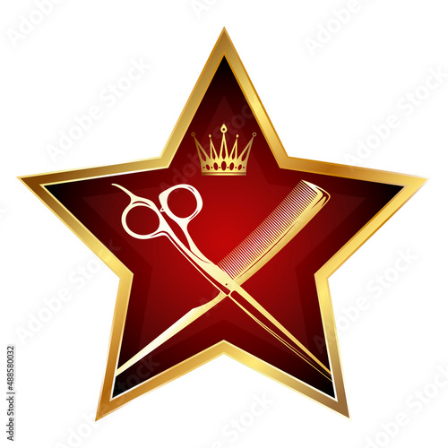 Banner hair stylist star and scissors with comb. Beauty salon and hairdresser vip sign