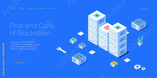 Hosting server isometric vector illustration. Abstract 3d datacenter or data center room background. Network mainframe infrastructure website header layout. Computer storage or farming workstation.