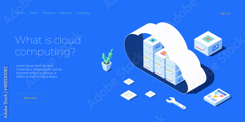 Cloud storage download isometric vector illustration. Digital service or app with data transfering. Online computing technology. 3d servers and datacenter connection network.