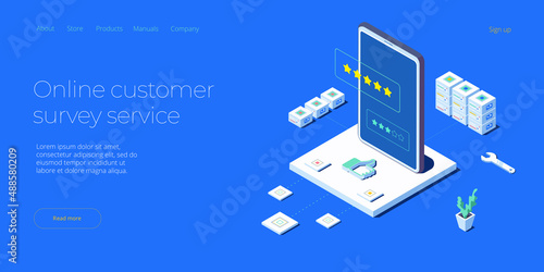 Online review concept in isometric vector illustration. Customer survey or reputation rating via mobile internet on smartphone. User feedback service on product or app. Web banner layout template.