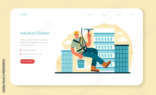 Industrial climbers web banner or landing page. Alpinist climb