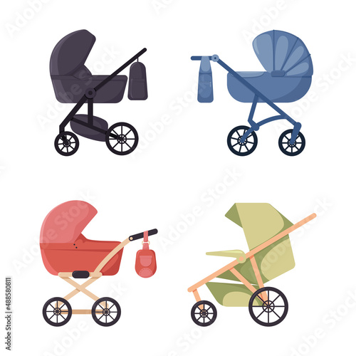 Set of baby strollers with bags for children's things, isolated on white background. Baby pram for walking with newborn. Modular baby carriage. Products for kids. Vector illustration