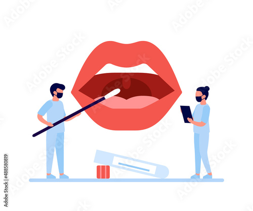 Mouth pcr swab test for control virus covid 19. Oral probe for fast analysis on check presence covid. Mouth and medical stick. Vector illustration