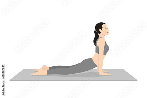 Upward Facing Dog Pose, Up Dog Pose. Beautiful girl practice Urdhva Mukha Svanasana. Young attractive woman practicing yoga exercise. working out, black wearing sportswear, grey pants and top, indoor