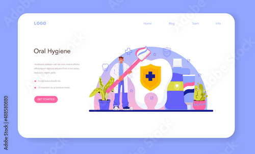 Dentist web banner or landing page. Dental doctor in uniform treating