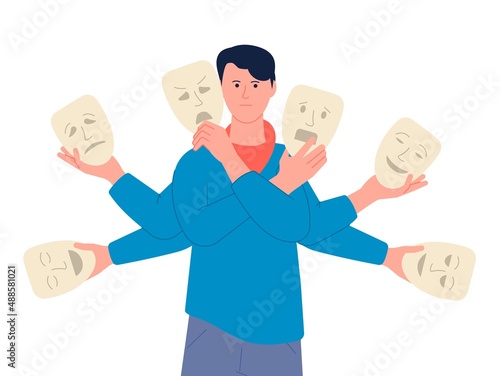 Fake emotions. Face mask changing person, various emotion or borderline disorder. Person has many expressions, anger and lie, recent vector concept photo