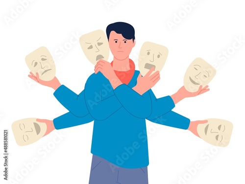 Fake emotions. Face mask changing person, various emotion or borderline disorder. Person has many expressions, anger and lie, recent vector concept