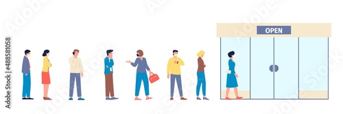 People waiting line. Long row customers want to enter in door. Queue woman, men in mask wait for entrance shopping, cafe or business center, recent vector character