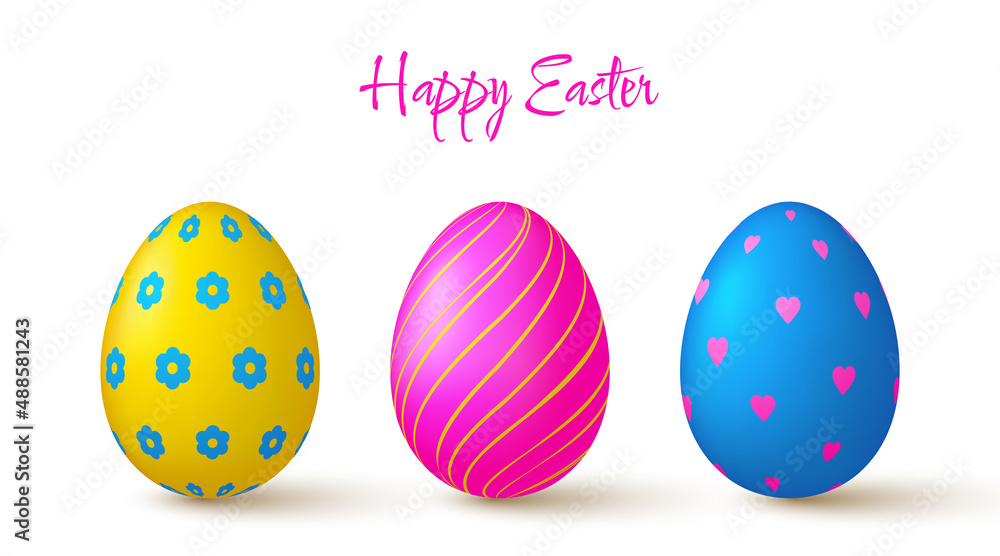 Easter eggs collection. Cute 3D design elements in bright colors with a pattern.