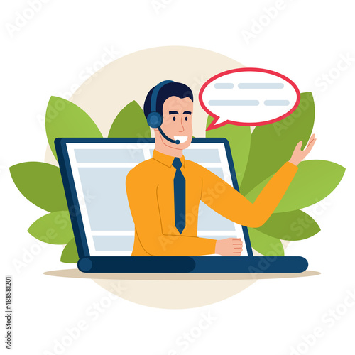 call center or online support illustration, man using computer and headset answering questions