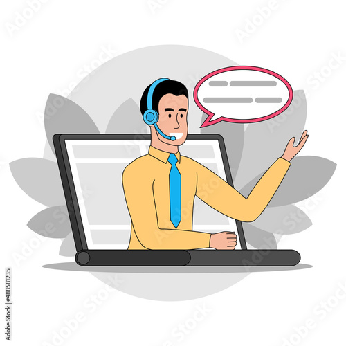 call center or online support illustration, man using computer and headset answering questions