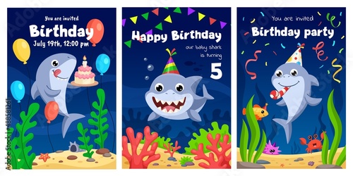 Shark cards. Birthday invite, happy child party in ocean style. Cartoon sharks characters, cute fish and crab with cake. Underwater life garish vector poster