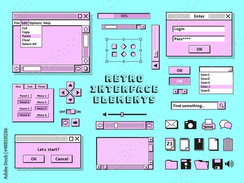 Retro interface elements. 90s vintage pc bars, message in old computer style. Technology, computing music and gaming desktop consoles, tidy vector set