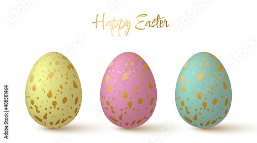 Easter eggs collection. Lovely 3d design elements in pastel colors with gold spotted pattern.