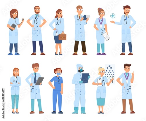 Isolated doctor characters. Smiling clinician pharmacist, cartoon nurse and doctors. Flat friendly hospital team. Physician emotional decent vector set