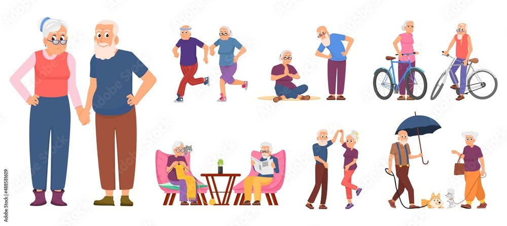 Active old people. Cycling person, healthy retirement and smile elderly characters. Senior retired, cartoon cute dancing and relaxed grandparents, decent vector set Active old people. Cycling person, healthy retirement and smile elderly characters. Senior retired, cartoon cute dancing and relaxed grandparents, decent vector set