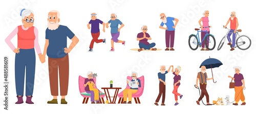 Wallpaper Mural Active old people. Cycling person, healthy retirement and smile elderly characters. Senior retired, cartoon cute dancing and relaxed grandparents, decent vector set Torontodigital.ca