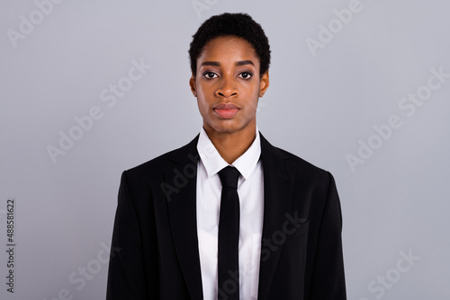 Photo of young man woman smart expert leader banker attorney chief isolated over grey color background