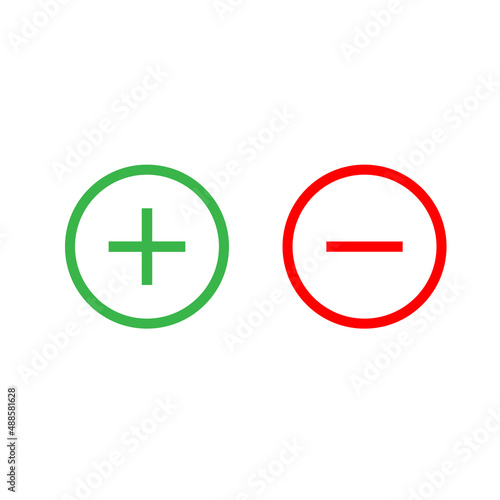 Vector illustration. Plus and minus sign 
 red and green color. Isolated on white background.