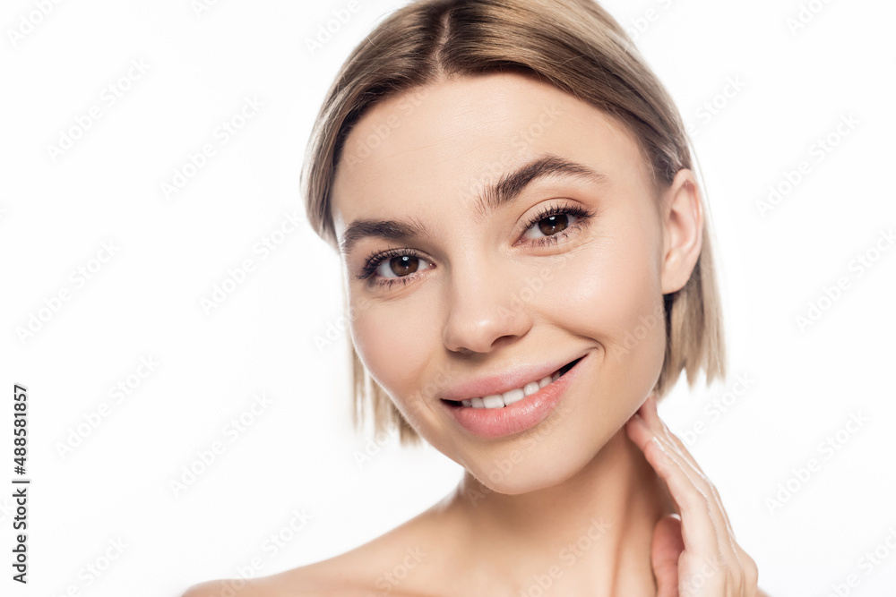 close up of blonde woman smiling isolated on white close up of blonde woman smiling isolated on white