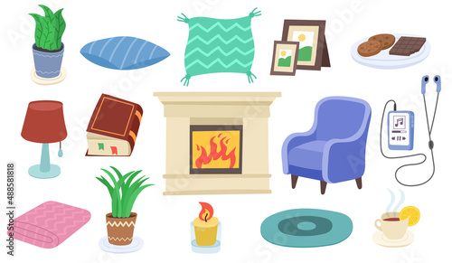 Time to Hygge. Vector flat icons set. Cozy home things like candles, socks, rug, tea, fireplace, chair, cat, pillows, window fire and other happiness concept