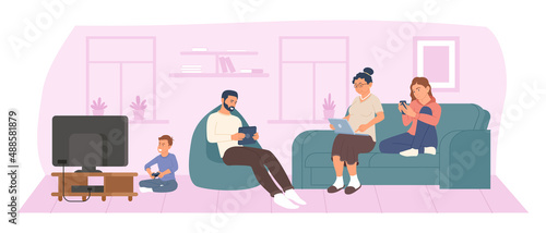 Family Characters Mother, Father and Daughter with Digital Devices Suffering of Internet Addiction Concept. Parents and Child Sitting Together at Home Using Gadgets.