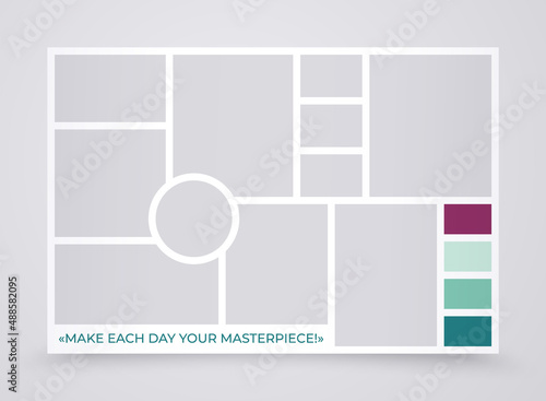 Photo collage template. Moodboard layout. Pictures grid. Banner with mosaic frames. Mood board background. Photography album. Vector illustration. Horizontal mockup with colour palette and quote