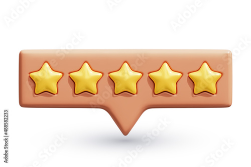 Five rating stars. Golden reviews stars on tooltip UI element. Customer feedback or customer review concepts. Realistic 3D vector illustration isolated on white