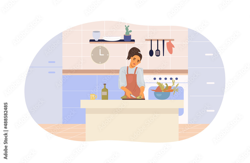 Obraz premium Modern female housewife cooking vegetables salad at kitchen. Woman in apron cutting avocado