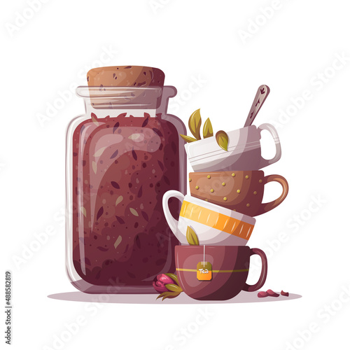 Jars of loose tea and teacups. Tea shop, cafe-bar, tea lover, tea party, beverages, kitchen concept. Isolated Vector illustration for poster, banner, menu, advertising. 