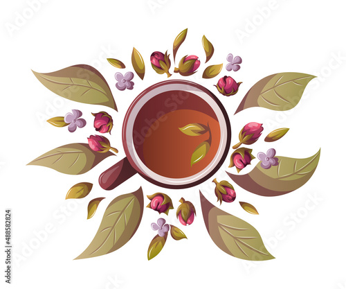 Tea cup with leaves and ingredients. Tea shop, cafe-bar, tea lover, tea party, kitchen concept. Isolated Vector illustration for poster, banner,  menu, advertising. 