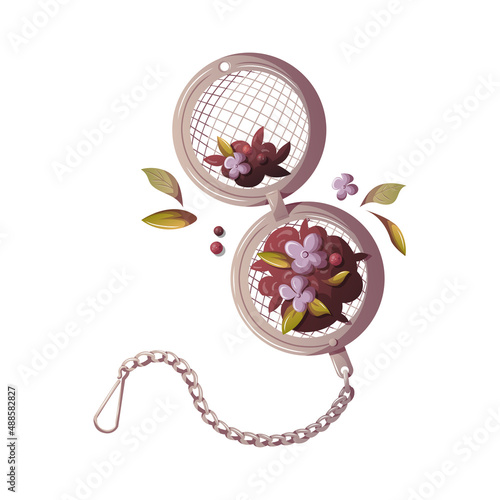 Infuser, strainer with loose tea. Tea shop, cafe-bar, tea lover, tea party, kitchen concept. Isolated vector illustration for poster, banner, cover, menu, advertising. 