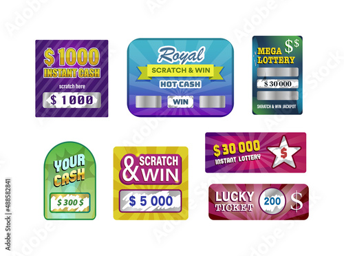 Instant scratching lottery winner tickets with cash award set. Lucky gamble coupons