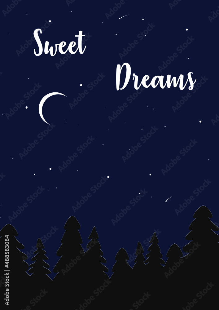 Naklejka premium Good night card with moon, stars, landscape, inscription. Spruce forest against the night starry sky