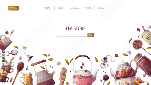 Teapots, jar of loose tea, teacups. Tea shop, break, cafe-bar, tea lover, tea party, beverages concept. Vector illustration for poster, banner, website, menu, advertising. 