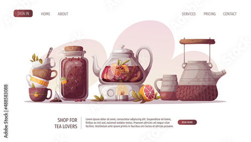 Teapots, jar of loose tea, teacups. Tea shop, break, cafe-bar, tea lover, tea party, beverages concept. Vector illustration for poster, banner, website, menu, advertising. 