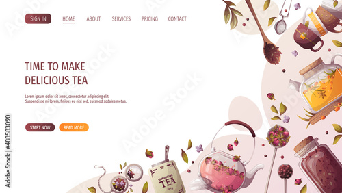 Teapots, jar of loose tea, teacups. Tea shop, break, cafe-bar, tea lover, tea party, beverages concept. Vector illustration for poster, banner, website, menu, advertising. 