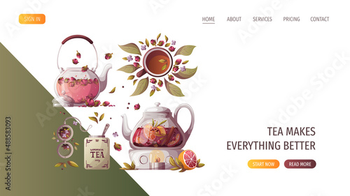 Teapots, can of loose tea, teacup. Tea shop, break, cafe-bar, tea lover, tea party, beverages concept. Vector illustration for poster, banner, website, menu, advertising. 