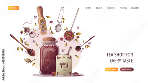 Jars, spoons and scoop of loose tea, infuser, strainer. Tea shop, cafe-bar, tea lover, tea party, kitchen concept. Vector illustration for poster, banner, website, menu, advertising.  photo