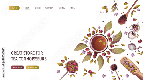 Spoons and scoop of loose tea, infuser, strainer, teacup. Tea shop, cafe-bar, tea lover, tea party, kitchen concept. Vector illustration for poster, banner, website, menu, advertising. 