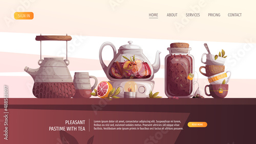 Teapots, jar of loose tea, teacups. Tea shop, break, cafe-bar, tea lover, tea party, beverages concept. Vector illustration for poster, banner, website, menu, advertising. 