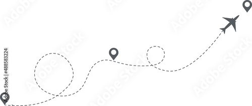 
Airplane path icon. The flight path is indicated by a dotted line.
Route in the form of a loop. Starting point of movement. Vector illustration.