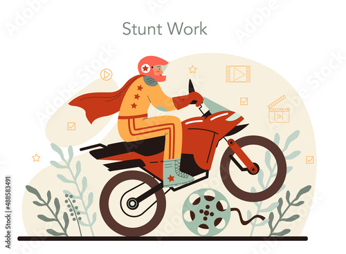 Stuntman concept. Actor performing dangerous stunt on motorcycle